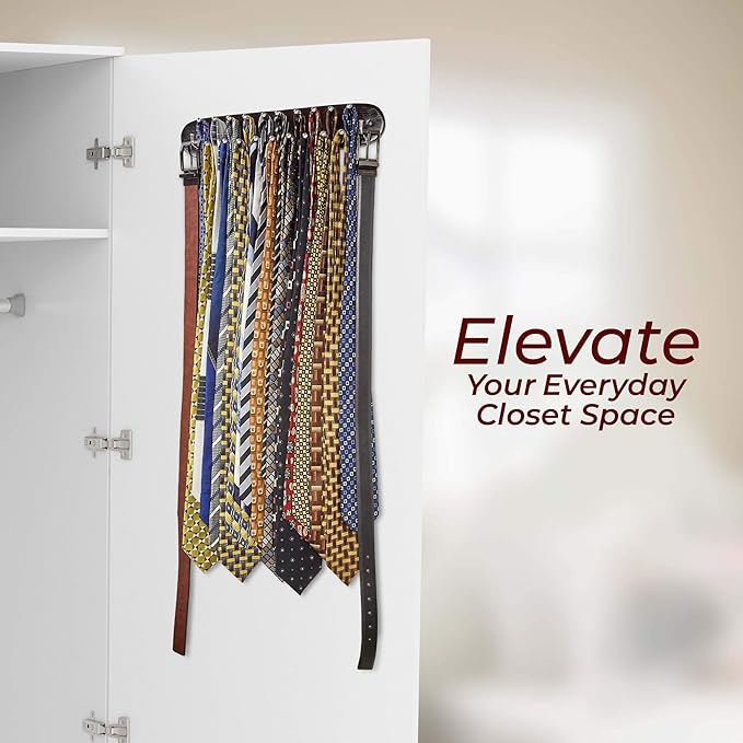 Richards Homewares Tie Rack Wall Mounted - Wood Tie Organizer for Closet 21 Chrome Hooks Storage and Organization Hnager Walnut