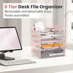 Daltack 6 Tier Paper Organizer for Desk, Paper Letter Tray Organizer for Desks, Mesh Desk File Organizers with Handle for Office, Home, School, Pink