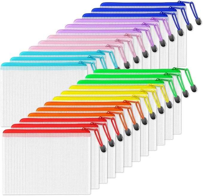 SUNEE Plastic Mesh Zipper Pouch 6.8x9.2 in (8 Colors, 24 Packs), Small Water-Resistant Zip Bag for School Office Supplies, Pencil Organizing Storage