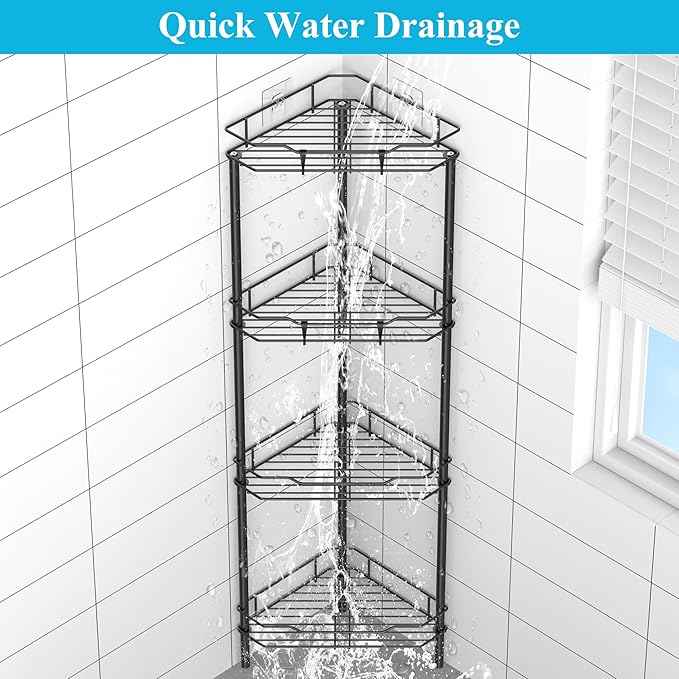 4 Tier Floor Standing Corner Shower Caddy Organizer Shelf with Hooks, Bathroom Shelves Stand Rack, Matt Black