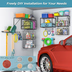 Garage Shelf Wall Mounted with Wire baskets, Heavy Duty Garage Wall Shelving with Garden Tool Rack and Hooks, Wire Shelf Baskets Tool Organizer for Home Garden Yard Organization and Storage