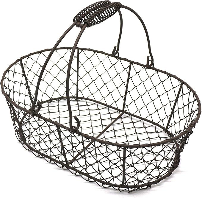 CVHOMEDECO. Oval Metal Wire Egg Basket Wire Fruit Basket with Handle Primitives Vintage Style Storage Basket. Rusty, 11 X 7-1/4 X 3-1/2 Inch