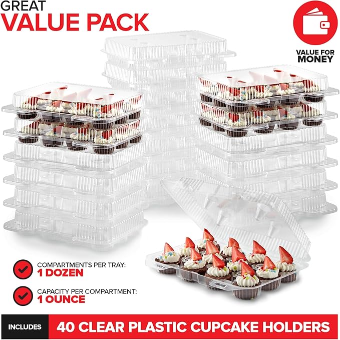 Stock Your Home Mini Disposable Plastic Cupcake Containers (40 Pack) 12 - Count Tray Compartment, Small or Mini Cupcakes Box/Holder/Carrier with Clear Connected Dome Lid, BPA Free