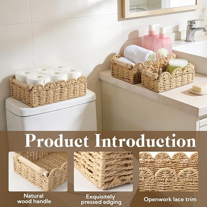 3PCS Scalloped Toilet Paper Storage Basket, Handwoven Paper Rope Bathroom Basket Organizer for Toilet Tank Top, Bathroom & Home Decor with Wooden Handles, Farmhouse Decor, Beige