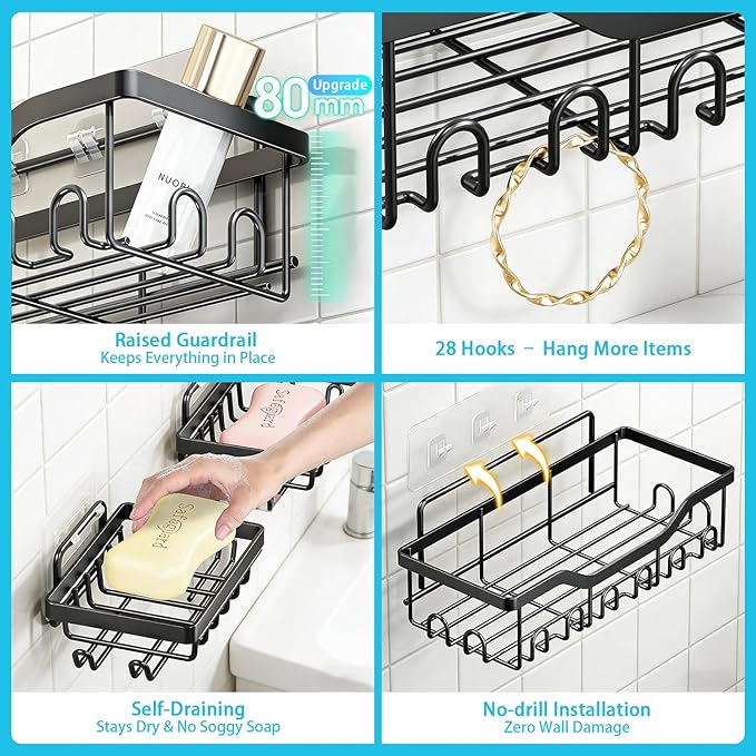 Adhesive Shower Caddy, 5-Pack Rustproof Stainless Steel Bathroom Organizer with 28 Hooks, No-Drill Large Capacity Shower Shelves for Bathroom Storage & Home Décor, Black