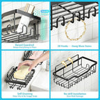 Adhesive Shower Caddy, 5-Pack Rustproof Stainless Steel Bathroom Organizer with 28 Hooks, No-Drill Large Capacity Shower Shelves for Bathroom Storage & Home Décor, Black