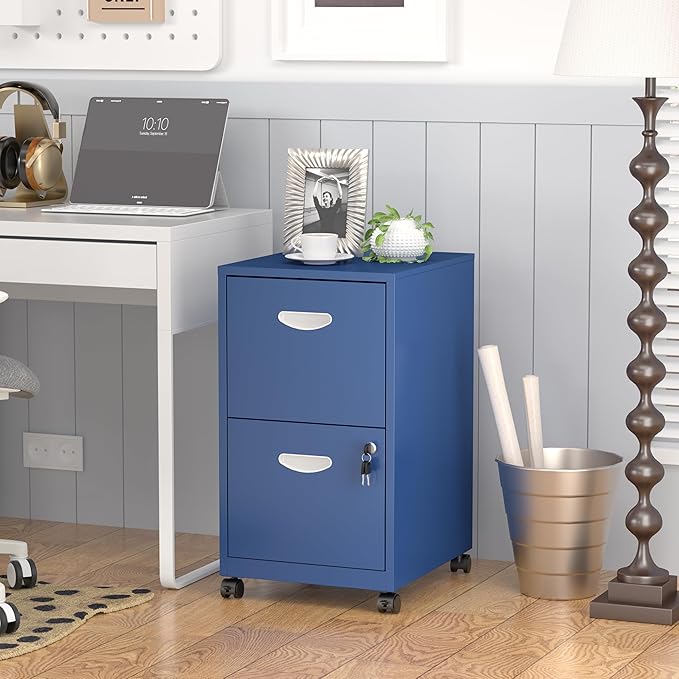 2 Drawer File Cabinet with Lock,Blue Rolling File Cabinet for Home Office,Printer Stand, Metal Small Mobile Filing Cabinets on Wheels for Hanging Letter