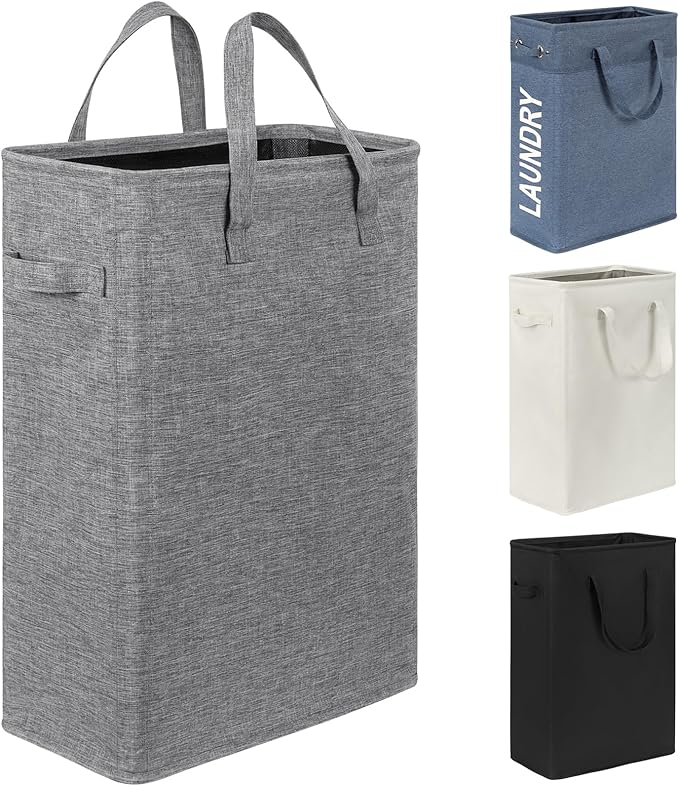 Chrislley 45L Slim Laundry Hamper Narrow Laundry Basket with Handle Foldable Dirty Clothes Portable Skinny Hamper Organizer Storage Bins (22 inches, Upgrade Grey)