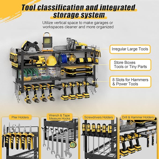 Power Tool Organizer Wall Mount, 4-Tier Tool Storage Rack with 8 Drill Holders, 400LBS Load Heavy Duty Cordless Tool Shelf for Garage Organization, Gift for Men