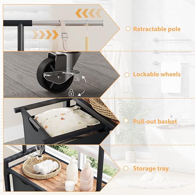2-Section Rolling Laundry Sorter Cart with Hanging Rod & Utility Shelf, Large Capacity Lockable Wheels Laundry Hamper Basket Organizer for Laundry Room, Bathroom, Bedroom - Rustic Black