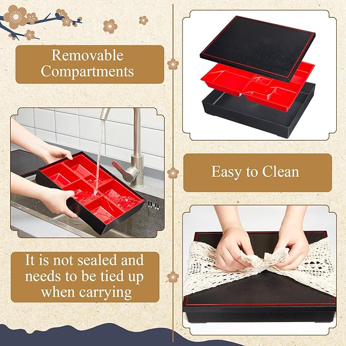 2 Pcs 12 x 9.5 x 2.2 Inch Japanese Lunch Box 6 Compartments Divided Bento Box with Greaseproof Adult Japanese Bento Lunch Container Sushi Home Restaurant