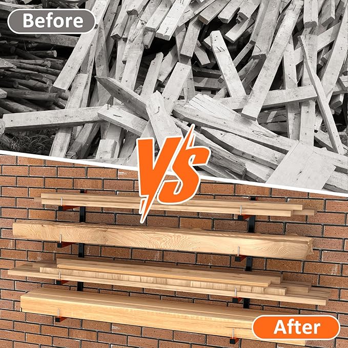 2 Pack Lumber Storage Rack, Wall Mount Removable & Adjustable Lumber Rack with 4-Level Holds Up 520 Lbs, Heavy Duty Metal Garage Wood Rack for Workshop, Basement, Indoor and Outdoor