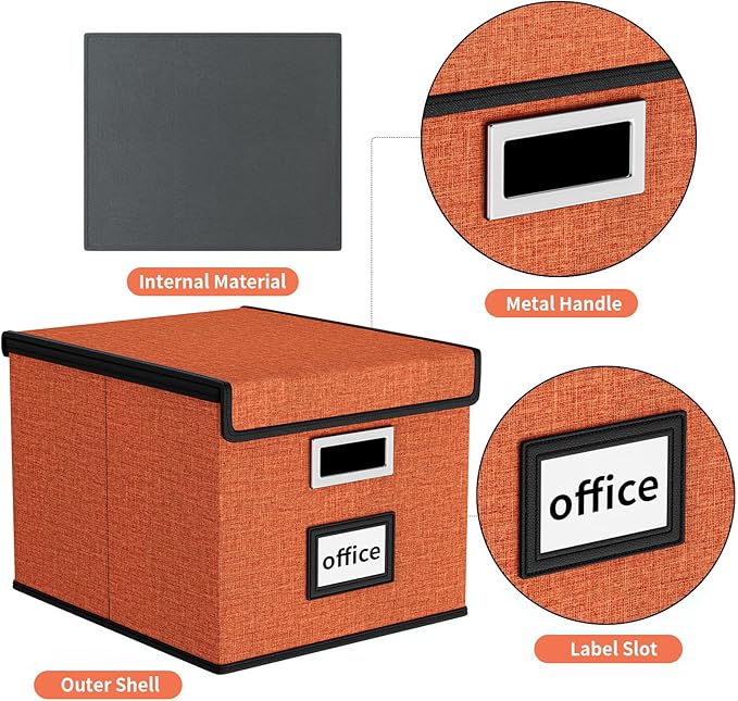 Huolewa File Organizer Box with Lid, Collapsible File Folder Organizer for Office Document Storage, Filing Box with Plastic Slide for Letter Size Hanging File Folders(1 Pack, Reddish Organge)