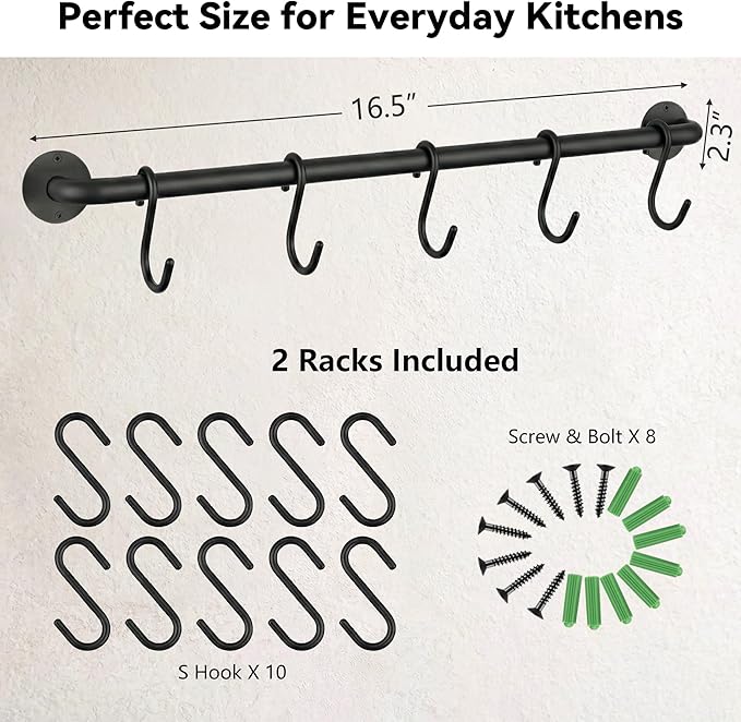 KAKIGO Kitchen Utensil Rack Organizer Wall-mounted Pot Pan Wall Hanger Holder For Hanging Rail with 10 S Hooks