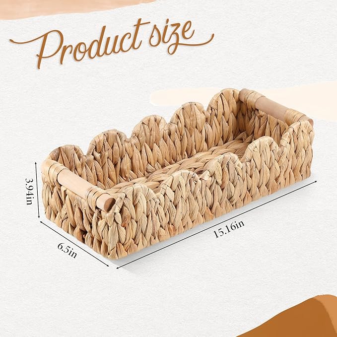 Toilet Paper Storage Basket Wicker Bathroom Basket Water Hyacinth Counter Organizer Toilet Tank Top Storage Shelf Cute Woven Scalloped Decor for Living Room Home Bathroom