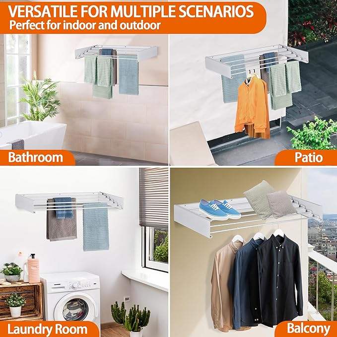 FOCHIER F Laundry Drying Rack Wall Mounted Clothes Drying Rack Collapsible with 5 Aluminum Rods and Drilling Template Long Screwdriver Bit 60 lbs Capacity (White, 40")