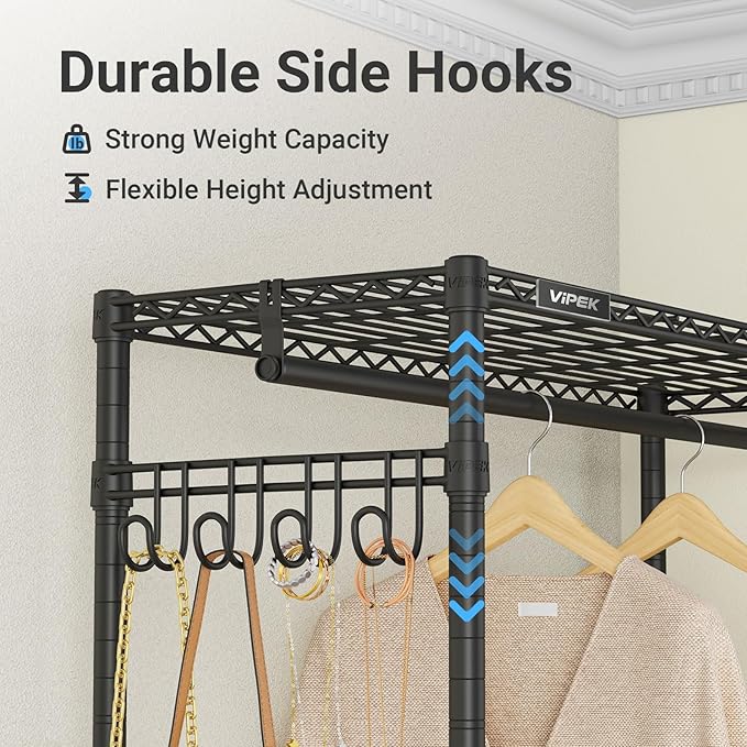 VIPEK R2X Expandable Portable Closet with Lockable Wheels, 600lbs Capacity Heavy Duty Rolling Clothes Rack w/Adjustable Shelves & Hanger Rod (2' to 3'5"), Metal Clothing Rack for Small Spaces (Black)