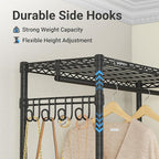 VIPEK R2 Plus Heavy Duty Rolling Garment Rack 3 Tiers Adjustable Wire Shelving Clothes Rack with Double Rods and Side Hooks, Freestanding Wardrobe Storage Rack Metal Clothing Rack, Black
