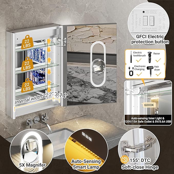 Lighted Medicine Cabinet Mirror with Magnifying & Night Lamp-24x32 Surface or Recessed Medicine Cabinet with Lights & Outlet, GFCI,Clock &Inner Light,Hardwired, 155° Soft-Close Right Hinge