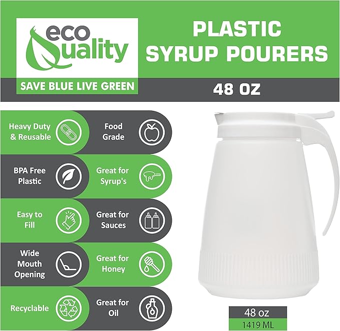 [5 PACK] EcoQuality 48oz Plastic Syrup Dispenser with Plastic Lid and Stainless Steel Slide Cover - Syrup, Sugar, Honey Dispenser - Perfect for Diners, Restaurants, Home, Office, Disposable (48 Ounce)