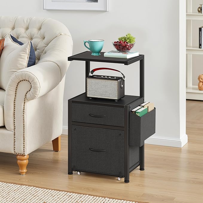 2-Drawer File Cabinet, Filing Cabinet with 2-Tier Printer Shelves, Office Cabinets with Side Bag&File Drawer for A4/Letter Size, Printer Stand with Storage for Home Office, Black, 16.5" W