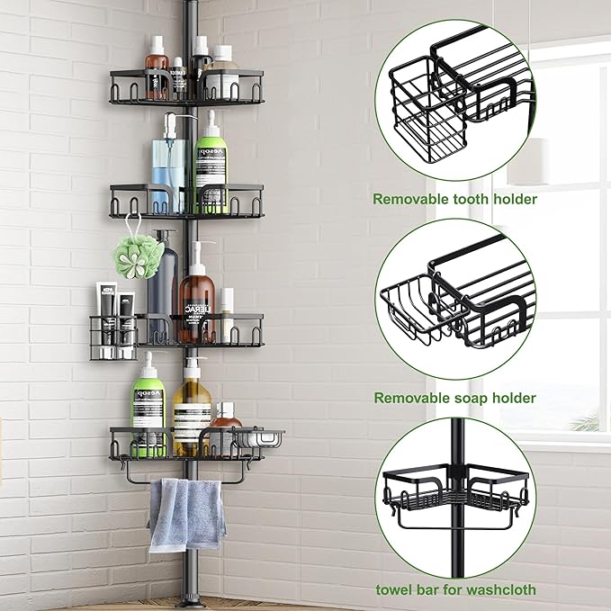 Corner Shower Caddy Tension Pole 4 Tier Adjustable Stainless Steel Shower Shelf for Inside Shower Bathtub Shampoo,Standing Bathroom Organizer Shelves with 39 to 113 inch Height