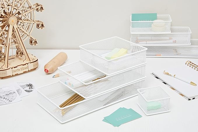 Annova Mesh Stackable Drawer Cabinet and Shelf Organizer Bins Storage Basket School Office Supply Holder Tray- Set of 2 (White, 6x9x2 Inch)