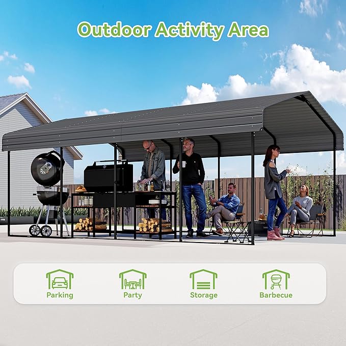 12x20FT Metal Carport,Heavy Duty Carport with Reinforced Frame and Galvanized Steel Roof, Large Outdoor Garage Shelter Shade Car Port for Pickup Trucks, Boats, Cars & Tractors, Farm Tools, Party,Gray