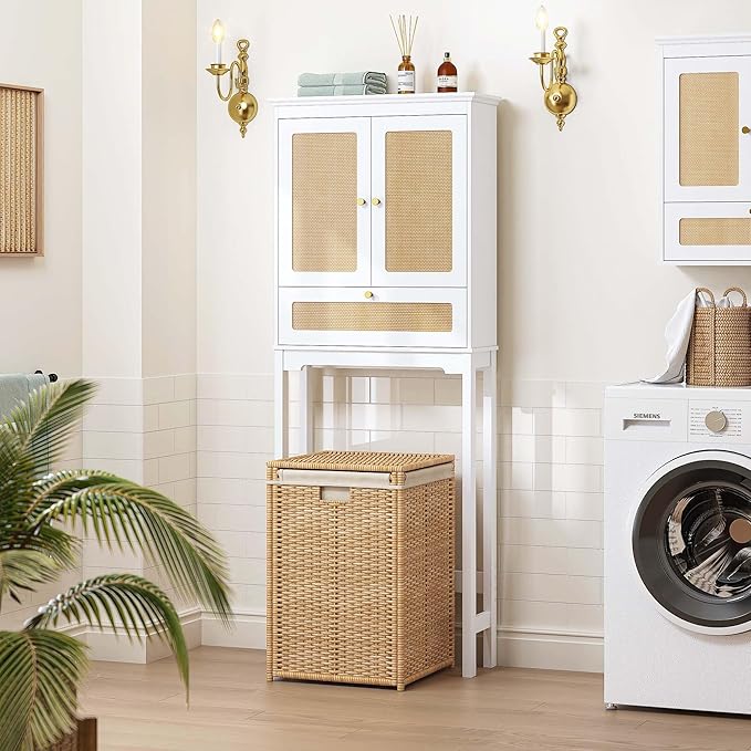 Spirich Over The Toilet Storage Cabinet with Rattan Doors, Over Toilet Bathroom Organizer with Tilt-Out Cube and Adjustable Shelf