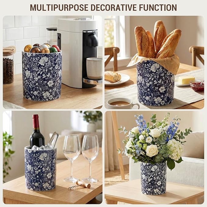 MyGift Ceramic Kitchen Utensil Holder with Blue and White Floral Design – Decorative Crock for Cooking Utensils, Flatware, and Countertop Storage