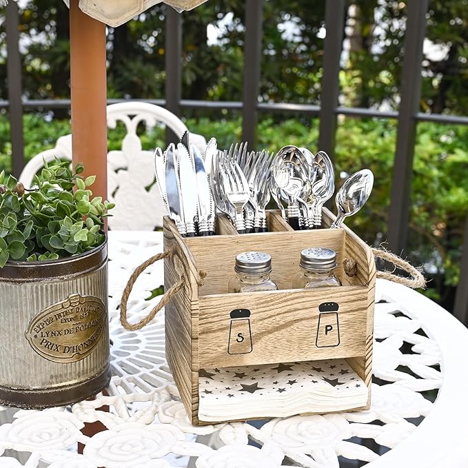 Ikee Design 2 Piece Set Wooden Utensil Caddy with Handles,Includes Free Salt Pepper Shaker,Silverware Caddy for Countertop,Party and Kitchen,Spoon and Fork Holder,Picnic Cutlery Holders,Oak Color