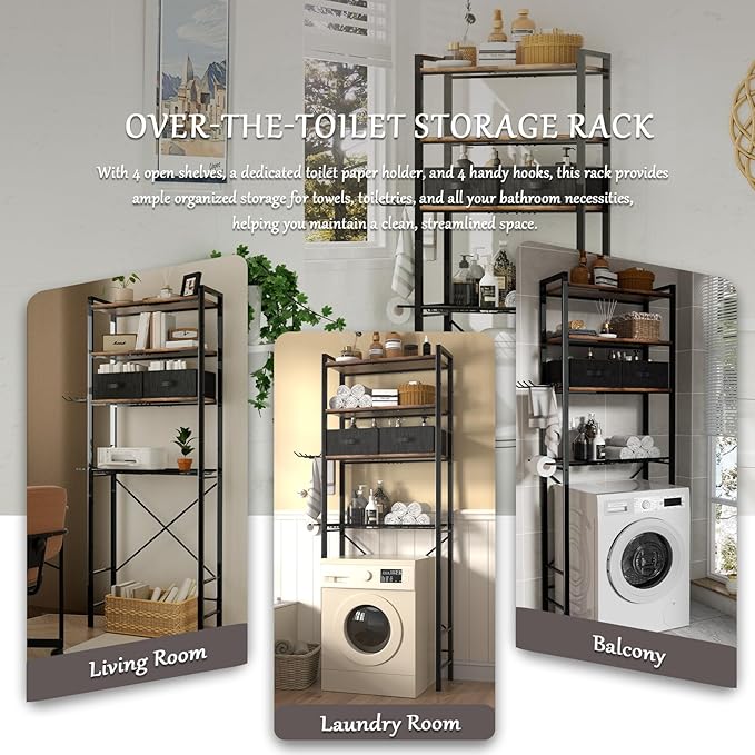 homyfort Over The Toilet Storage Cabinet, 4-Tier Bathroom Shelves Over Toilet, Easy Installation with Drain Basket, X Shape Side Guardrail, Freestanding Toilet Rack for Balcony, Laundry