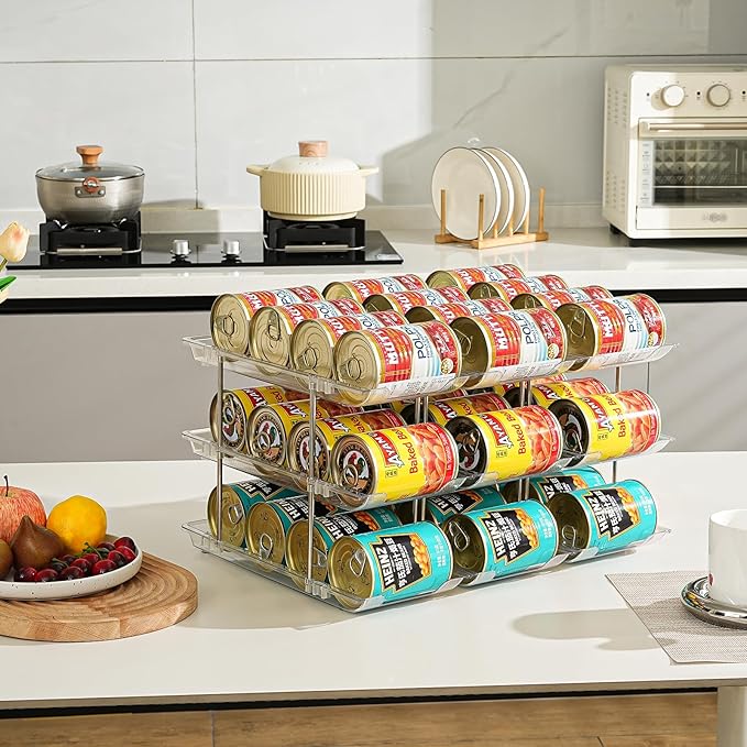 Can Organizer for Pantry, Stacking Can Storage Organizer Pantry, Automatic Rolling Can Rack for Fridge, 2Tire 3 Columns Can Holder for 24 Cans, Canned Goods Organizer