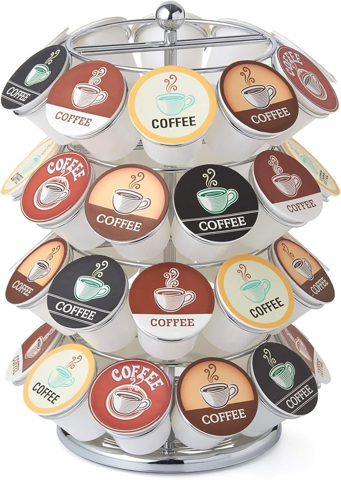 Nifty K Cup Holder – Compatible with K-Cups, Coffee Pod Carousel | 40 K Cup Holder, Spins 360-Degrees, Lazy Susan Platform, Modern Chrome Design, Home or Office Kitchen Counter Organizer
