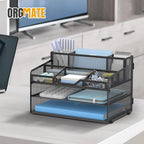 3 Tier Mesh Desk Organizer,Multi Functional Letter Paper Tray with 3 Pen Holders and 5 Adjustable Storage Compartments for Office Supplies Files and Mail Space Saving Desktop Organizer-Black