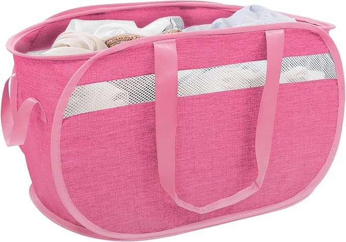 Collapsible Laundry Baskets, Foldable Tear Proof Pop Up Hamper with Reinforced Carry Handles, Durable Laundry Hamper for Home, Laundry, Bathroom, Dorm or Travel (Pink)