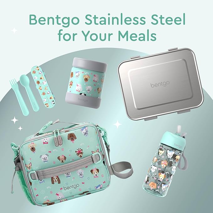 Bentgo Kids Stainless Steel Food Jar - 11oz Leak-Proof Double Insulated Hot or Cold Food Container with Removable Silicone Bumper, Dishwasher Safe, Easy Open Lid, Ages 3+ (Puppy Love)
