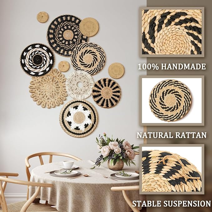 Tatuo 11 Pcs Boho Wall Basket Decor Decorative Bulrush Woven Basket Wall Decor Art Round Farmhouse Hanging Baskets for Kitchen Rustic Home Summer Decorations, Multi Sizes(Boho)