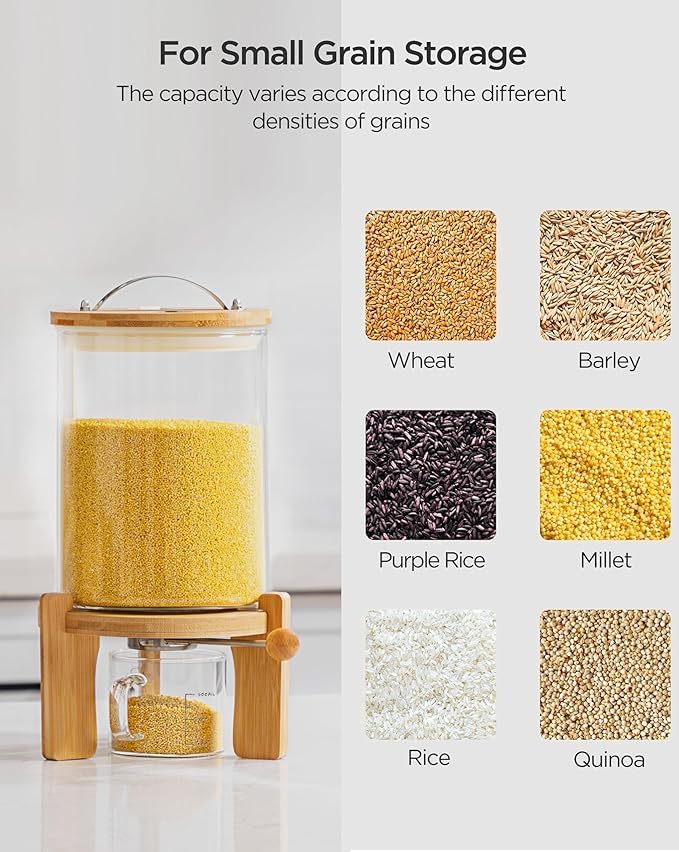 HBlife 5-7 Lbs Glass Rice Dispenser with Wooden Stand Flour and Cereal Container with Glass Measuring Cup Pantry Food Organization Storage Bin with Airtight Bamboo Lid, 3L