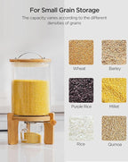 HBlife 5-7 Lbs Glass Rice Dispenser with Wooden Stand Flour and Cereal Container with Glass Measuring Cup Pantry Food Organization Storage Bin with Airtight Bamboo Lid, 3L