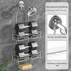Over the Shower Head Caddy - 2-Tier Shower Caddy Hanging with 2 Movable Soap Holder, Stainless Steel Hanging Bath Organizer with High Guardrail for Bathroom, Silver