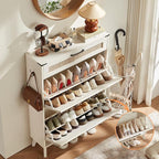 LEYAOYAO Shoe Storage Cabinet for Entryway with 2 Rattan Flip Drawers, Boho Narrow Shoe Cabinets for 16-20 Pairs Shoes with Large Drawers, Hidden Slim Shoe Rack with Wood Legs for Hallway, Off White