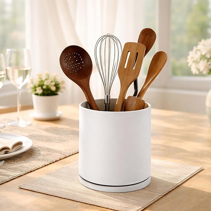 D'vine Dev 360° Rotating Utensil Holder – 7.2" Kitchen Utensil Crock for Countertop, Modern Cooking Tool Organizer for Kitchen Storage & Décor, Oatmeal, 72-X-D-2