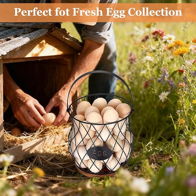 Chicken Egg Basket With Handle, Egg Baskets for Gathering Fresh Eggs, Wire Basket with Wooden Base for Farmhouse Coops, Round Chicken Baskets, Rustic Vintage Kitchen Decor Holder(Style 3)