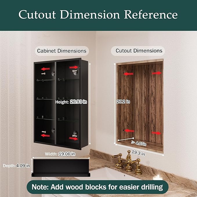 Medicine Cabinet with Mirror 20x30 Inch, Aluminum Bathroom Cabinet for Recessed or Surface Mount, Black Frame, Six Adjustable Glass Shelves, Soft Close Hinge, Reversible Door