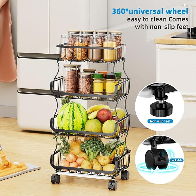 Simple Trending 4 Tier Rolling Cart, Stackable Fruit Vegetable Basket with Wheels and 2 Hanging Basket, Kitchen Storage Metal Wire Basket Stand for Vegetable Snacks, Black