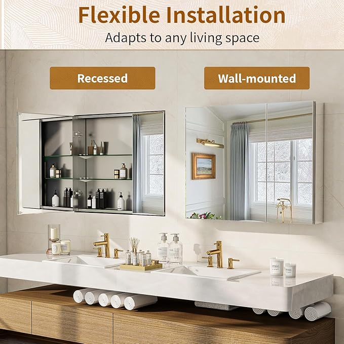 BEAUTYPEAK Bathroom Medicine Cabinet Mirror with Storage, 30 Inch x 24 Inch Silver Medicine Cabinet with Double Door & Adjustable Shelves for Vanity, Tempered, Aluminum Surface, Wall-mount or Recessed
