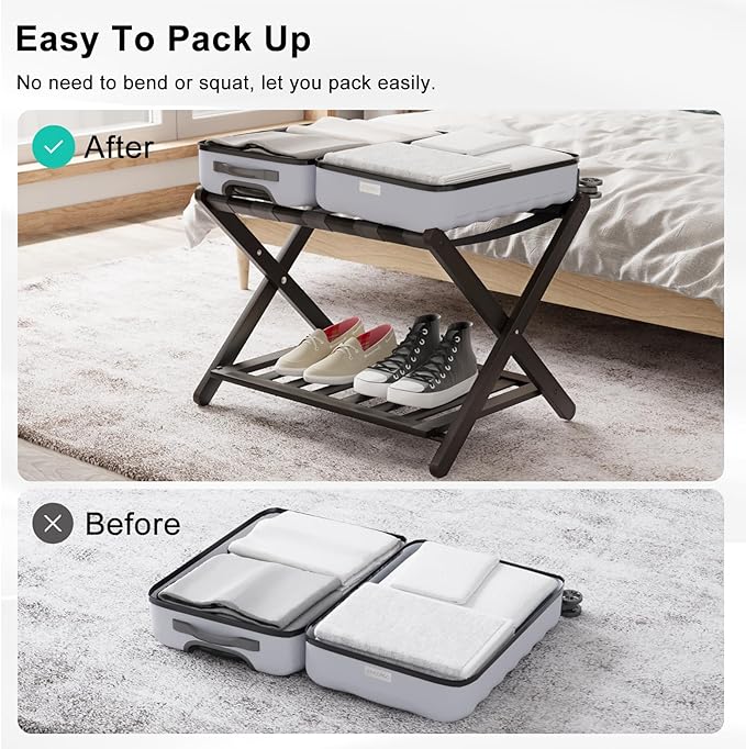 Smuxee Fully Assembled Luggage Rack for Guest Room, Upgraded Bamboo Foldable Suitcase Stand with 5 Nylon Straps, Luggage Holder with Shelf for Bedroom Hotel