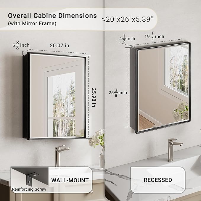 20x26 Pre-Assembled Black Medicine Cabinet with Mirror, Surface or Recessed Medicine Cabinet Mirror for Bathroom, Aluminum Beveled Frame Bathroom Vanity Mirror with Adjustable Shelves Storage