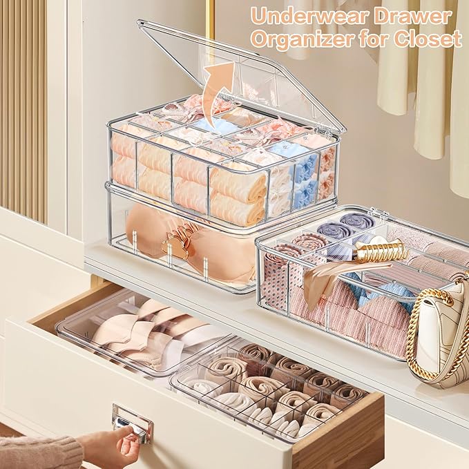 Sock Underwear Organizer, 16 Compartment Adjustable Dividers Tie Bras Socks Underwear Drawer Organizers for Closet, Clear Plastic Storage Containers Box with Lids for Bra Ties Scarf Socks